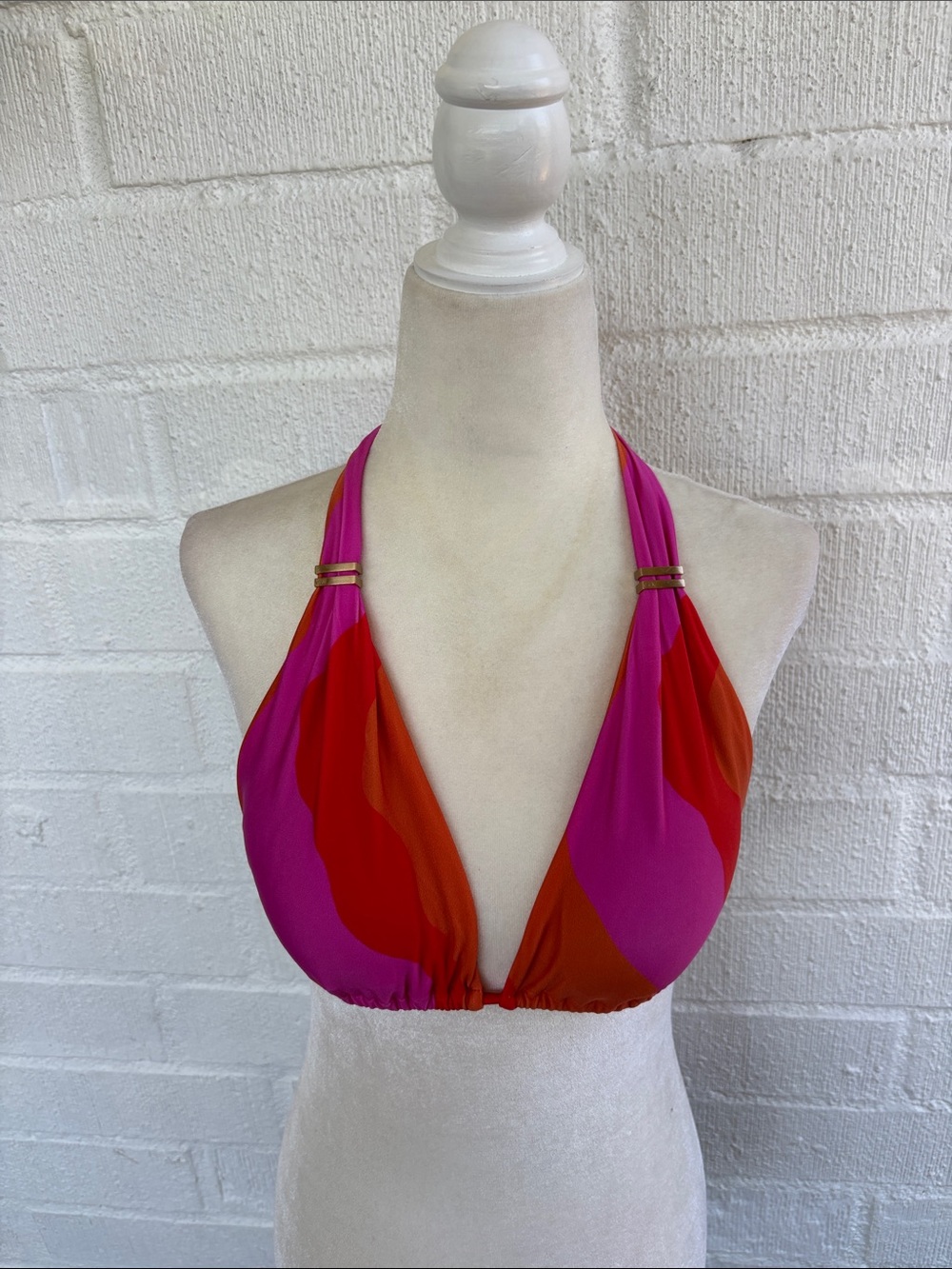 Vix Paula Hermanny Halter Bikini Top in Pink & Red with Gold Accent sz S